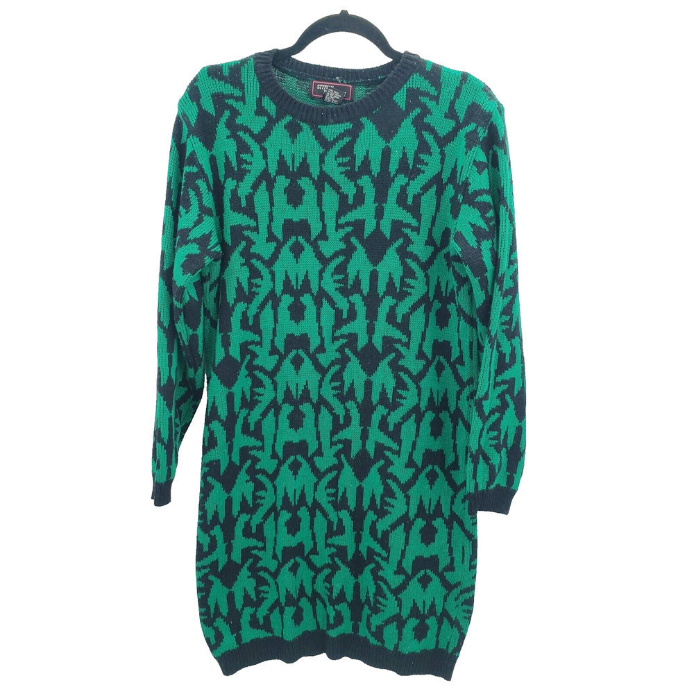 Vintage 80's Sweater Dress Women Small Green Black Geometric Print Short Acrylic